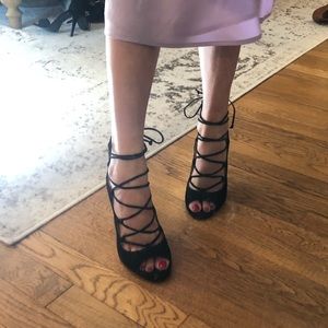 Vince Camuto lace up black suede heels